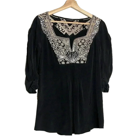 Nanette Lepore 100%  silk sequins embroidered eyelet black bohemian top size 0 - Picture 1 of 12